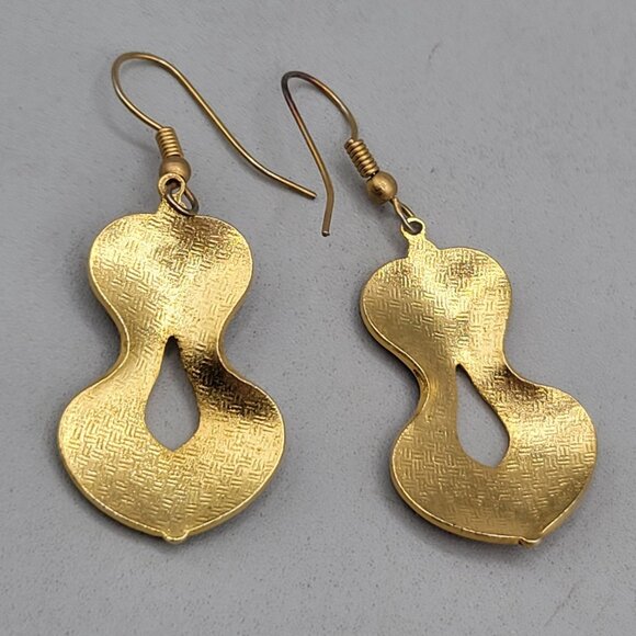 Vintage Cloisonné Enamel Dangle Earrings Red Floral Butterfly Design - Picture 3 of 3